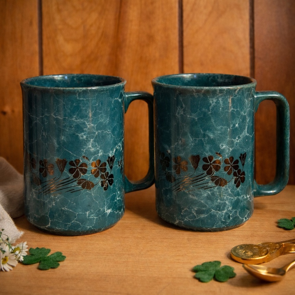 Vintage Teal and Gold marble shamrock Mugs